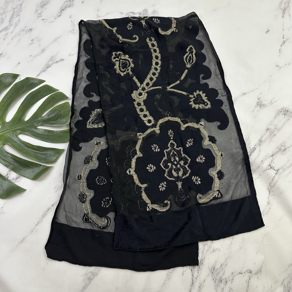 Vintage 90s Velvet Burnout Scarf Black Gold Floral Long Wrap Whimsygoth Sheer